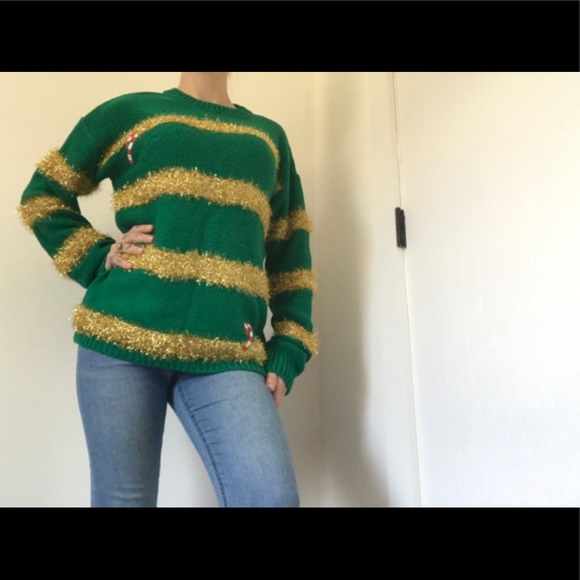 Merry Christmas Gold Tinsel & Candy-cane Sweater Green - Picture 8 of 15